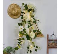 GUOCHENG Guirlande de roses avec guirlande lumineuse, 1,8 m, fleurs en soie avec minuterie, guirlande d'eucalyptus artificiel pour arche de mariage, fête, décoration murale, blanc
