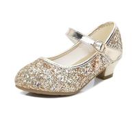 GUOCU Chaussures à Talon Mary Jane à Paillettes pour Filles, Chaussures de Princesse avec Breloque Lune Étoile, Parfaites pour Mariage, Anniversaire, Semelle Antidérapante pour Petites Filles，Doré