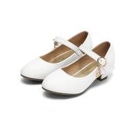 GUOCU Chaussures à Talon Mary Jane en Cuir Verni avec Breloque Lune Étoile pour Filles, Chaussures Classiques de Princesse pour Fête, Mariage, Anniversaire et Occasions Formelles，Blanc Mat