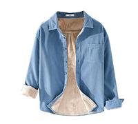 GUOCU Chemise Chaude en Velours Côtelé pour Homme Chemise à manches longues épaissie et Veste Doublée de fourrure Polaire Sherpa Chemise Rembourrée de Couleur unie Chemise en Flanelle d'hiver Bleu M