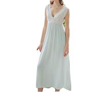 GUOCU Femme Chemise de Nuit à Bretelles Princesse Col V Profond Dentelle Avant Pyjama Palais La Robe du Soir sans Manches Vêtements de Nuit Longue Dentelle Robe De Sommeil Bleu XL