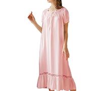 GUOCU Femme Chemise de Nuit à Volants et Cordon de Serrage Vintage Victorien Princesse Chemise de Nuit Fluide Patch en Dentelle Pyjama Lounge Robe Nuisette Manche Longue Vêtements De Nuit RoseCourt S