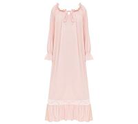 GUOCU Femme Chemise de Nuit à Volants et Cordon de Serrage Vintage Victorien Princesse Chemise de Nuit Fluide Patch en Dentelle Pyjama Lounge Robe Nuisette Manche Longue Vêtements De Nuit RoseLong S