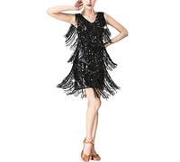 GUOCU Femme Classique Brillants à Franges et à Sequins Robe de Danse Latine Col en V Double Robe à clapet de Costume de Performance de Danse Fluides Asymétrique Dancewear Noir M