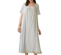 GUOCU Femmes Chemise de Nuit Princesse Vintage Victorien Longue Ample Robe de Nuit Longue à Manche Courte Pyjama à Volants Vêtement de Nuit Robe de Détente Décontractée avec Patch en Dentelle Bleu L