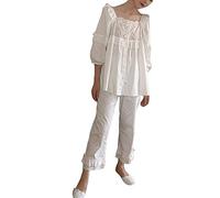 GUOCU Femmes Doux Mignon Victorien Brodé Long Manche Ensemble de Deux pièces Hauts Col Carré et Pantalons Pjs Vêtements de Nuit Loungewear avec décoration en Dentelle Blanc M