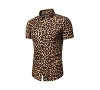 GUOCU Homme Chemise Slim Fit sans Repassage Manches Courtes Impression Léopard Casual Fantaisie Chemise Jaune M