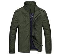 GUOCU Homme Jeunesse Printemps Automne Couleur unie Col montant Fermeture éclair complète Mince Bomber aviateur Sportswear Veste mi saison softshell Trench-coat coupe-vent avec poches armée verte XL