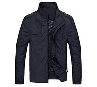 GUOCU Homme Jeunesse Printemps Automne Couleur unie Col montant Fermeture éclair complète Mince Bomber aviateur Sportswear Veste mi saison softshell Trench-coat coupe-vent avec poches Noir 4XL