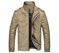 GUOCU Homme Jeunesse Printemps Automne Couleur unie Col montant Fermeture éclair complète Mince Bomber aviateur Sportswear Veste mi saison softshell Trench-coat coupe-vent avec poches Kaki XXL