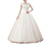 GUOCU Robe de Mariée Femme Asymétrique Dentelle Longue A Line Taille Empire Élégante Tulle Robe de Mariage en Double V-Col Et Manches Courtes,Blanc,4XL