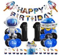 Guoguonb Décoration d'anniversaire spatiale pour 11 ans - Noir - 11 ans - Astronautes - Fusées - Ballons en aluminium imprimés - Bannière - Décoration de gâteau pour anniversaire d'enfant