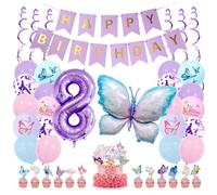 Guoguonb Décoration sur le thème du papillon 8 ans - Décoration de fête d'anniversaire - Ballons imprimés - Papillon - Décoration de gâteau Happy Birthday - Bannière pour 8e anniversaire d'enfant