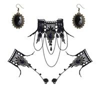 Guoguonb Lot de 3 accessoires gothiques - Collier ras du cou - Boucles d'oreilles - Bracelet rétro dentelle vampire esclave - Pour la Toussaint, Pâques, cosplay, mascarade, fête, Acier allié