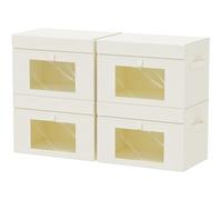GUOHNHE Lot de 4 Boîte de Rangement avec Fenêtre Transparente, Pliable de avec Couvercle, Panier Rectangulaire Cubique en Tissu avec Poignée, Beige, 38 x 25 x 25 cm, XSNY17BEL-4
