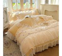 GUOIOOI Parure de lit 4 pièces en Velours Doux et Chaud avec Jupe de lit et 2 taies d'oreiller for Chambre de Fille, avec Volants en Dentelle et Motif Rose brodé(Yellow,59x79/FULL)