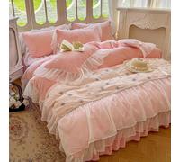 GUOIOOI Parure de lit 4 pièces en Velours Doux et Chaud avec Jupe de lit et 2 taies d'oreiller for Chambre de Fille, avec Volants en Dentelle et Motif Rose brodé(Pink,79x87/KING)