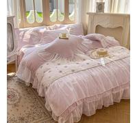 GUOIOOI Parure de lit 4 pièces en Velours Doux et Chaud avec Jupe de lit et 2 taies d'oreiller for Chambre de Fille, avec Volants en Dentelle et Motif Rose brodé(Purple,79x87/KING)