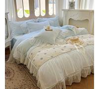 GUOIOOI Parure de lit 4 pièces en Velours Doux et Chaud avec Jupe de lit et 2 taies d'oreiller for Chambre de Fille, avec Volants en Dentelle et Motif Rose brodé(Blue,79x87/KING)