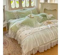 GUOIOOI Parure de lit 4 pièces en Velours Doux et Chaud avec Jupe de lit et 2 taies d'oreiller for Chambre de Fille, avec Volants en Dentelle et Motif Rose brodé(Green,59x79/FULL)