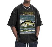 GUOLGP Bass Fishing Wave Print Authentic Retro Look Fitness Sessions T-shirts surdimensionnés confortables et légers, Noir , S