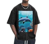 GUOLGP Beaux Dauphins du Monde Sous-marin Imprimé Corail Authentique Look Rétro Sessions Fitness Sessions T-shirts surdimensionnés Confortable Léger, Noir , L