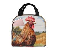 GUOLGP Sac à déjeuner isotherme léger avec motif coq sur bois dans les terres agricoles pour l'école, le travail, le pique-nique, les voyages