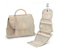 GUOXIAD Trousse De Toilette De Voyage Étanche À Suspendre, Organiseur De Maquillage en Cuir PU avec Crochet, Sac À Main De Toilette Portable(Beige)