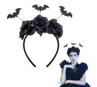 GUOYOU Femme Serre Tete, Decoration Bandeau Cheveux Femme avec Fleurs Noires et Chauve Souris Decoration Headband Serre Têtes Halloween Fleur Serre Tete