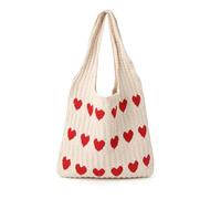 GUOYOU Sac de Plage 36 x 30 cm à Tricot Love Grande Capacité Sac Paille Esthétique Tote bag Femme Parfait pour Le Quotidien Shopping et Voyage Vacances Plage (Blanc cassé)