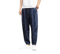 GUOYUXIAO Men's Pants Spring Chinese Style Loose Retro Drawstring Capri Trouser-Blue-Medium