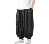 GUOYUXIAO Men's Pants Spring Chinese Style Vintage Loose Wide-Leg Trouser-Black1-Small