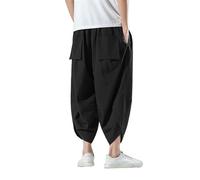 GUOYUXIAO Men's Pants Summer Chinese Style Capri Large Size Loose Wide-Legged Trouser-Black-Small