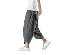 GUOYUXIAO Men's Pants Summer Chinese Style Capri Large Size Loose Wide-Legged Trouser-Grey-X-Large