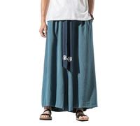 GUOYUXIAO Men's Pants Summer Chinese Style Embroidered Ice Silk Wide-Legged Trouser-Blue1-Large