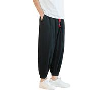 GUOYUXIAO Men's Pants Summer Chinese Style Retro Large Size Capri Drawstring Trouser-Black-Medium