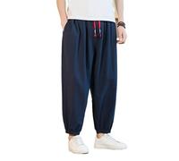 GUOYUXIAO Men's Pants Summer Chinese Style Retro Large Size Capri Drawstring Trouser-Blue-X-Large