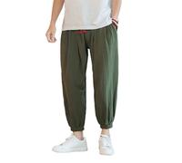 GUOYUXIAO Men's Pants Summer Chinese Style Retro Large Size Capri Drawstring Trouser-Green0-Small