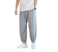 GUOYUXIAO Men's Pants Summer Chinese Style Retro Large Size Capri Drawstring Trouser-LightBlue-Small