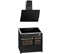 GURARI Cuisinière à induction E 913 DF RU BL+GCh 268 Bl 9 Prime - Rétro électrique sur pied 90 cm - Range Coocker avec induction Flex + hotte aspirante 90 cm