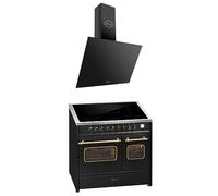 GURARI Cuisinière à induction E 913 DF RU BL+GCH 286 BL 9 Prime - Rétro électrique sur pied, Range Coocker avec induction Flex + hotte aspirante 90 cm