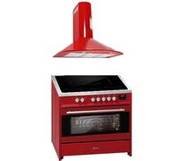 GURARI Cuisinière à induction E 913 R + GCH 046 RD 9 Range Cooker/Electrique sur pied 90 cm FLEX Induction + Hotte 90 cm Rouge