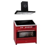 GURARI Cuisinière à induction E 913 R + GCH 461 BL 9, Range Cooker/Electrique 90 cm FLEX Plaque à induction + hotte 90 cm, Rouge