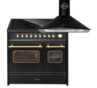 GURARI Cuisinière électrique GCH E 912 DF BL r+GCH 046 Bl 9, cuisinière sur pied 90 cm avec rallonge télescopique, double four + hotte aspirante 90 cm