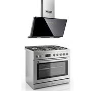 Gurari GCH E 818 X Cuisinière à gaz électrique en acier inoxydable 90 cm 126 l Gaz naturel 4 kW WOK auto-nettoyage + AT 9430 F Hotte aspirante 90 cm