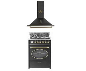 GURARI GCH G 614 BL Cuisinière à gaz 60 cm Noir + hotte rétro 60 cm Évacuation 850 m³/h • Autonome Cuisinière à gaz 4 brûleurs à gaz • 4,0 kW WOK • Grill & tournebroche • 55 L