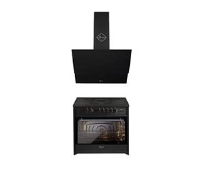 GURARI Set de cuisinière électrique sur pied GCH E 912 BL + GCH D 268 9 BL Prime, hotte aspirante 90 cm, hotte aspirante noire verre, 1000 m³/h, four 90 cm, 121 l, noir