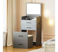Gurexl Coiffeuse avec Lumières,3 in 1 Table de Maquillage avec 3 Tiroirs,Dressing Table avec Tabouret Rembourré et Plateau en Verre,Capteur de Corps Humain,Miroirs Pliants,Multifonction,Noir