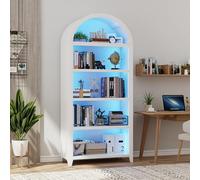 Gurexl Debout Vitrine pour Collection avec 3-Farbiges LED et Capteur de Corps Humain,175 CM Arquée Bibliothèque avec 5 étagères pour Salon,Bureau,Bureau, Chambre,Blanc Crémeux