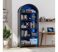 Gurexl Debout Vitrine pour Collection avec 3-Farbiges LED et Capteur de Corps Humain,175 CM Arquée Bibliothèque avec 5 étagères pour Salon,Bureau,Bureau, Chambre,Noir Rétro